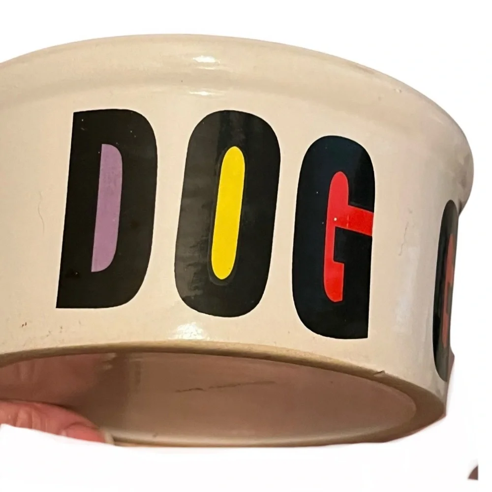 Ceramic Dog Bowl White Large Black block letters GOOD DOG Primary color Interior
